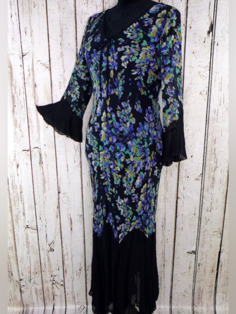 90s Vintage Temptations Witchy Black Floral Dress with Flutter Sleeves Small